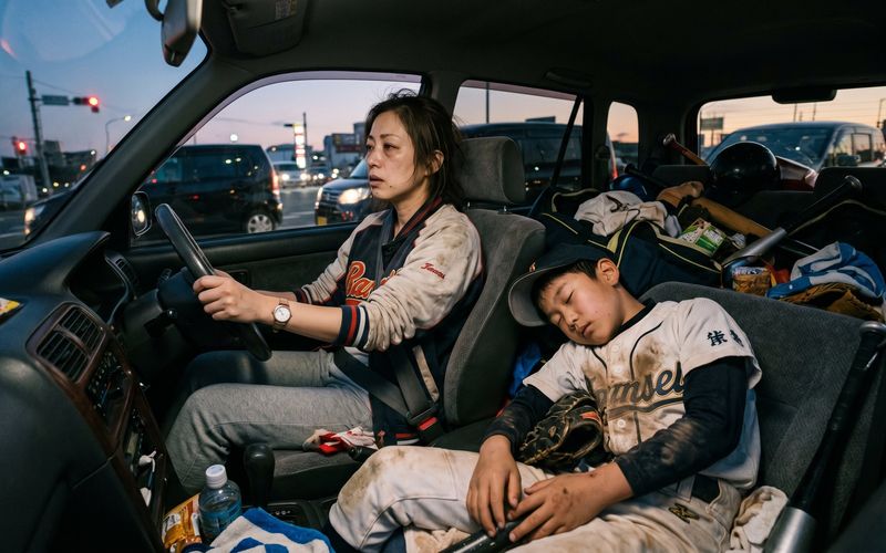 毎回の送迎不要 — 車内で疲れて眠る選手と運転する保護者